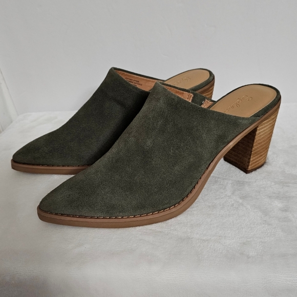 Splendid Olive Genuine Suede Slip-On Roberta Stacked Heel Mules - Picture 4 of 14